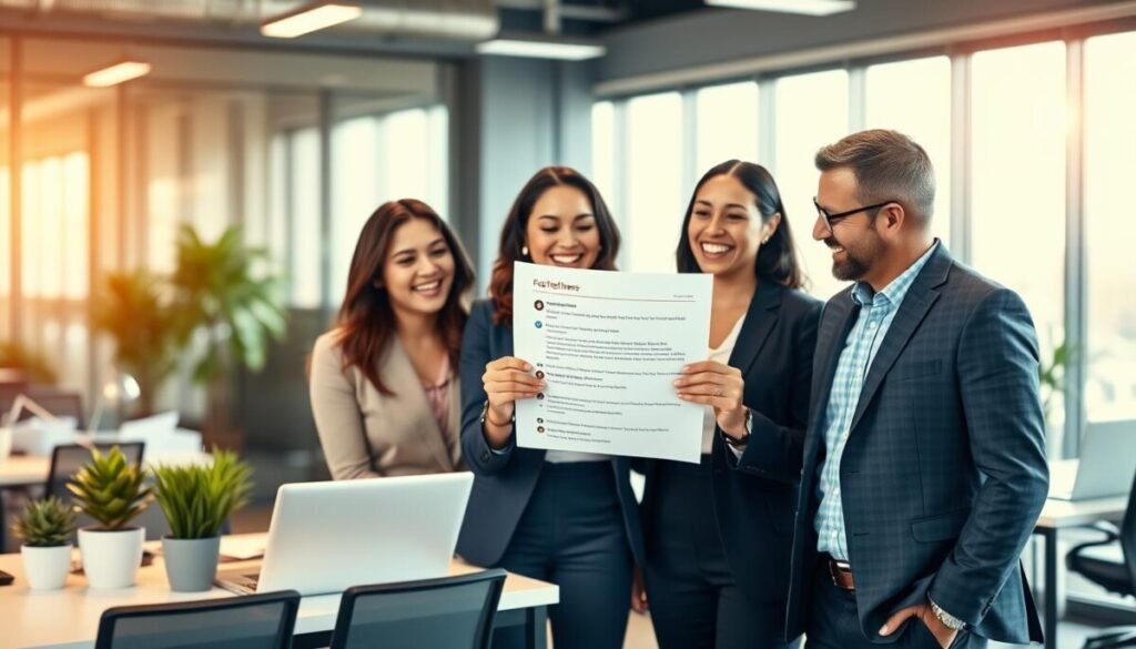 A vibrant and uplifting scene in a modern office setting. In the foreground, a diverse group of three professionals, two women and one man, are joyfully discussing a printed sheet of positive customer feedback. They are dressed in professional business attire, exuding enthusiasm and collaboration. In the middle ground, there are sleek desks with potted plants and laptops, conveying a productive environment. The background features a large window with natural light pouring in, casting a warm glow and creating a positive atmosphere. The overall mood is one of celebration and authenticity, highlighting the importance of genuine customer reviews. The image should have a soft focus, with a shallow depth of field to emphasize the group in the foreground.