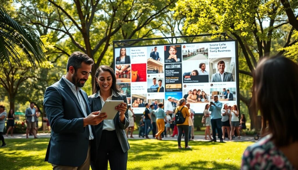 A vibrant city park scene illustrating local engagement with Google Business Profile posts. In the foreground, a diverse group of three professionals in smart casual attire examining a digital tablet, highlighting a local café's social media updates. Centered in the middle ground, a large, colorful billboard displays eye-catching promotional posts from various local businesses, surrounded by people interacting and taking photos. The background features lush greenery and sunlight filtering through the trees, creating an inviting atmosphere. The composition should utilize a slight upward angle to convey a sense of connection and enthusiasm among the audience. The overall mood is warm and energetic, emphasizing community interaction and engagement.
