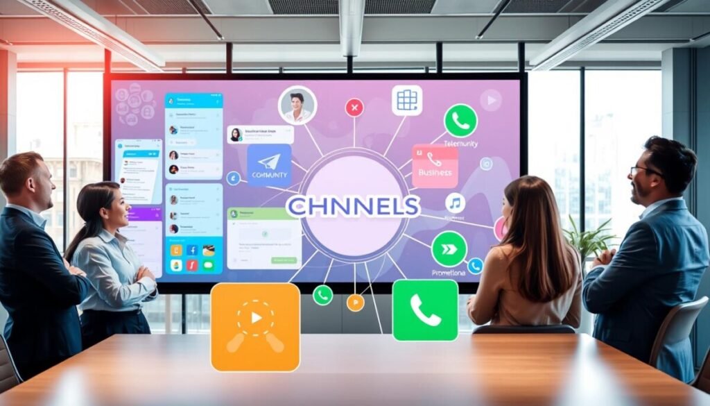 A vibrant digital collage representing "channels" in a business context, focusing on community engagement. In the foreground, a diverse group of professionals in smart casual clothing are engaged in a lively discussion around a large screen displaying various colorful messaging app interfaces, emphasizing Telegram and WhatsApp. The middle layer features abstract representations of different channel types, like community, business, and promotional, using interconnected lines and nodes to symbolize communication flow. The background showcases a modern office environment with large windows letting in soft, natural light, creating an inviting atmosphere. The overall mood is dynamic and collaborative, highlighting the importance of managing large groups effectively in digital communication. A vibrant digital collage representing "channels" in a business context, focusing on community engagement. In the foreground, a diverse group of professionals in smart casual clothing are engaged in a lively discussion around a large screen displaying various colorful messaging app interfaces, emphasizing Telegram and WhatsApp. The middle layer features abstract representations of different channel types, like community, business, and promotional, using interconnected lines and nodes to symbolize communication flow. The background showcases a modern office environment with large windows letting in soft, natural light, creating an inviting atmosphere. The overall mood is dynamic and collaborative, highlighting the importance of managing large groups effectively in digital communication.