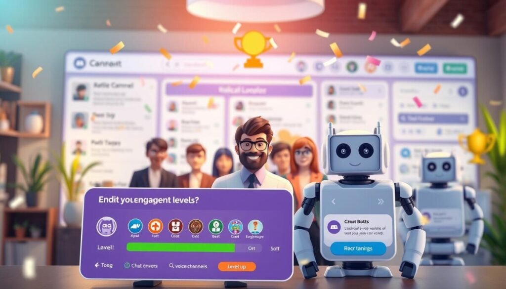 A vibrant digital scene showcasing a cozy Discord community environment, illustrating engagement bots leveling up. In the foreground, an animated, colorful interface displays a leveling system with gamification elements like experience points, badges, and rewards. In the middle ground, friendly avatars of diverse characters interact with the bots, showcasing professional business attire or modest casual clothing, symbolizing community engagement. The background features a visually appealing Discord server layout with chat channels and voice channels, infused with playful, dynamic elements like confetti and virtual trophies. Soft ambient lighting creates a positive, uplifting atmosphere, while a slight depth-of-field effect adds focus to the interaction between users and bots, conveying a sense of teamwork and growth. A vibrant digital scene showcasing a cozy Discord community environment, illustrating engagement bots leveling up. In the foreground, an animated, colorful interface displays a leveling system with gamification elements like experience points, badges, and rewards. In the middle ground, friendly avatars of diverse characters interact with the bots, showcasing professional business attire or modest casual clothing, symbolizing community engagement. The background features a visually appealing Discord server layout with chat channels and voice channels, infused with playful, dynamic elements like confetti and virtual trophies. Soft ambient lighting creates a positive, uplifting atmosphere, while a slight depth-of-field effect adds focus to the interaction between users and bots, conveying a sense of teamwork and growth.