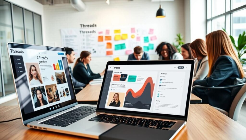 A vibrant digital workspace featuring a sleek laptop displaying the Threads app interface, focusing on its unique features like interactive posts and analytics tools. In the foreground, a diverse group of professionals in modest business attire collaborates around a table filled with brainstorming notes and digital devices. The middle ground showcases a wall adorned with trends and strategies for using Threads in marketing, using dynamic colors to signify brand growth. The background reveals a bright, modern office space with large windows allowing natural light to flood in, creating an inviting atmosphere. The mood is energetic and innovative, emphasizing collaboration and creativity. Use a wide-angle lens to capture the entire scene, highlighting the interaction among the team.