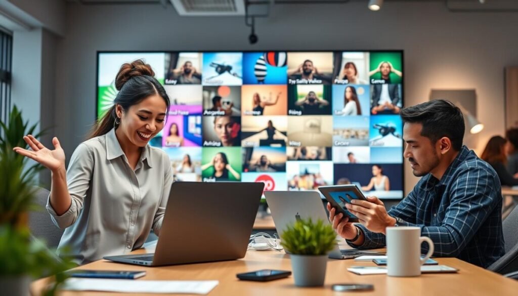 A vibrant, digital workspace filled with creative energy, showcasing a diverse group of content creators engaged in multimedia storytelling. In the foreground, a professional woman in smart casual attire enthusiastically shares visual content on her laptop, while a focused man beside her reviews high-quality images on his tablet. In the middle, a large screen displays an engaging collage of eye-catching visuals from Threads, including photos, videos, and design graphics, reflecting the platform's dynamic nature. The background features modern office decor, with soft, ambient lighting creating a warm, inviting atmosphere. The composition should emphasize collaboration and creativity, evoking a sense of innovation and energy as these creators explore the role of multimedia in their content mix. A vibrant, digital workspace filled with creative energy, showcasing a diverse group of content creators engaged in multimedia storytelling. In the foreground, a professional woman in smart casual attire enthusiastically shares visual content on her laptop, while a focused man beside her reviews high-quality images on his tablet. In the middle, a large screen displays an engaging collage of eye-catching visuals from Threads, including photos, videos, and design graphics, reflecting the platform's dynamic nature. The background features modern office decor, with soft, ambient lighting creating a warm, inviting atmosphere. The composition should emphasize collaboration and creativity, evoking a sense of innovation and energy as these creators explore the role of multimedia in their content mix.