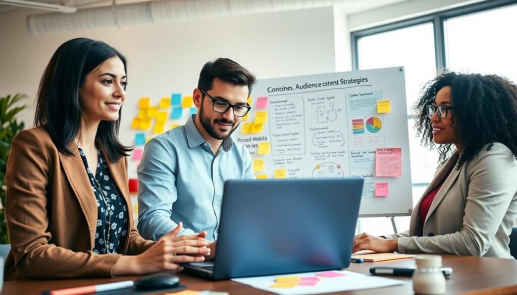 A vibrant digital workspace filled with diverse individuals brainstorming together, embodying the theme of content strategies. In the foreground, a team of three: a woman with shoulder-length dark hair in a smart casual outfit, a man with glasses and short hair wearing a well-fitted shirt, and another woman with curly hair in a light-colored blazer, all engaged in thoughtful discussion around a laptop. In the middle ground, colorful post-it notes and a whiteboard filled with outline ideas and charts highlighting audience engagement strategies. The background features a large window with natural light streaming in, creating a bright, inspiring atmosphere. The overall mood is collaborative and energetic, evoking creativity and focus, shot with a slightly angled perspective to emphasize the teamwork. A vibrant digital workspace filled with diverse individuals brainstorming together, embodying the theme of content strategies. In the foreground, a team of three: a woman with shoulder-length dark hair in a smart casual outfit, a man with glasses and short hair wearing a well-fitted shirt, and another woman with curly hair in a light-colored blazer, all engaged in thoughtful discussion around a laptop. In the middle ground, colorful post-it notes and a whiteboard filled with outline ideas and charts highlighting audience engagement strategies. The background features a large window with natural light streaming in, creating a bright, inspiring atmosphere. The overall mood is collaborative and energetic, evoking creativity and focus, shot with a slightly angled perspective to emphasize the teamwork.