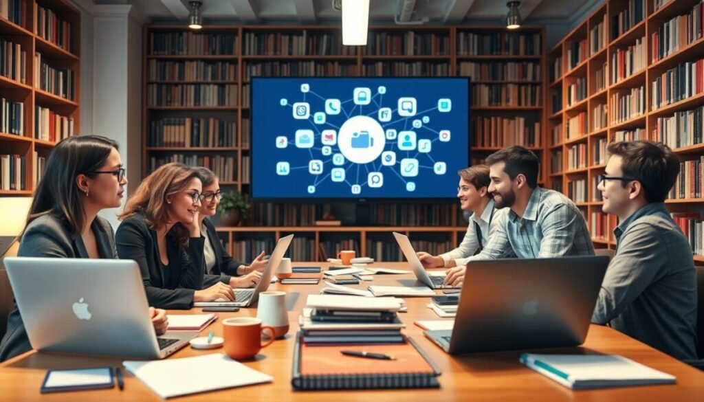 A vibrant digital workspace illustrating the concept of content ownership. In the foreground, a diverse group of professional writers, including a woman with glasses in a smart blazer and a man in a casual shirt, engage in animated discussion around a table scattered with laptops, notebooks, and coffee cups. In the middle ground, a large screen displays interconnected digital platforms, symbolizing portability and control over content. The background features bookshelves filled with literary works, signifying knowledge and creativity. The lighting is warm and inviting, creating an inspiring atmosphere. The composition is slightly angled to add depth, with a focus on collaboration and ownership of ideas, reflecting the dynamic landscape of content creation.