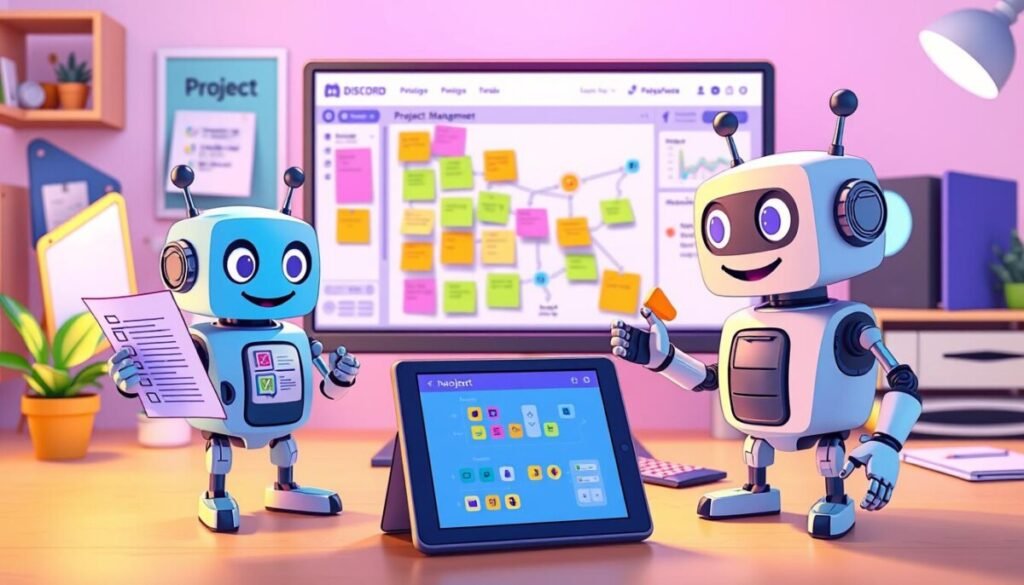A vibrant digital workspace scene featuring various cartoon-style Discord bots engaged in project management activities. In the foreground, showcase two friendly-looking bots, one holding a checklist and the other analyzing project timelines on a tablet. In the middle, include a virtual whiteboard filled with colorful sticky notes and flowcharts, symbolizing collaborative planning. In the background, depict a stylized computer monitor displaying a Discord server interface with project management tools integrated. The lighting is bright and cheerful, creating an inspiring atmosphere of productivity. Use a slightly angled perspective to provide depth, lending a sense of dynamic interaction among the bots and elements in the scene. The overall mood should feel collaborative and innovative, perfect for a business setting.