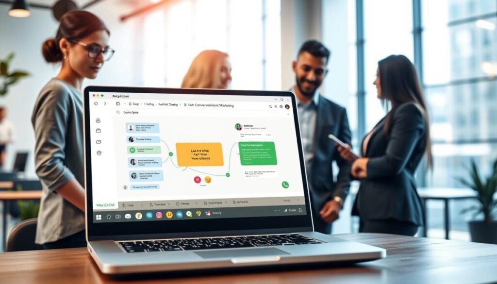 A vibrant digital workspace scene showcasing a small business owner engaging with ManyChat for WhatsApp marketing. In the foreground, a diverse group of professionals, including a woman in smart casual clothing and a man in business attire, are gathered around a sleek laptop displaying a visual flow chart of conversational marketing strategies. The middle section features colorful, dynamic graphics representing chat interactions, emojis, and marketing workflows, symbolizing user engagement. The background reveals a modern office environment with soft, natural light streaming through large windows, creating a welcoming atmosphere. The overall mood is collaborative and innovative, reflecting the power of visual conversational flows in enhancing customer communication.
