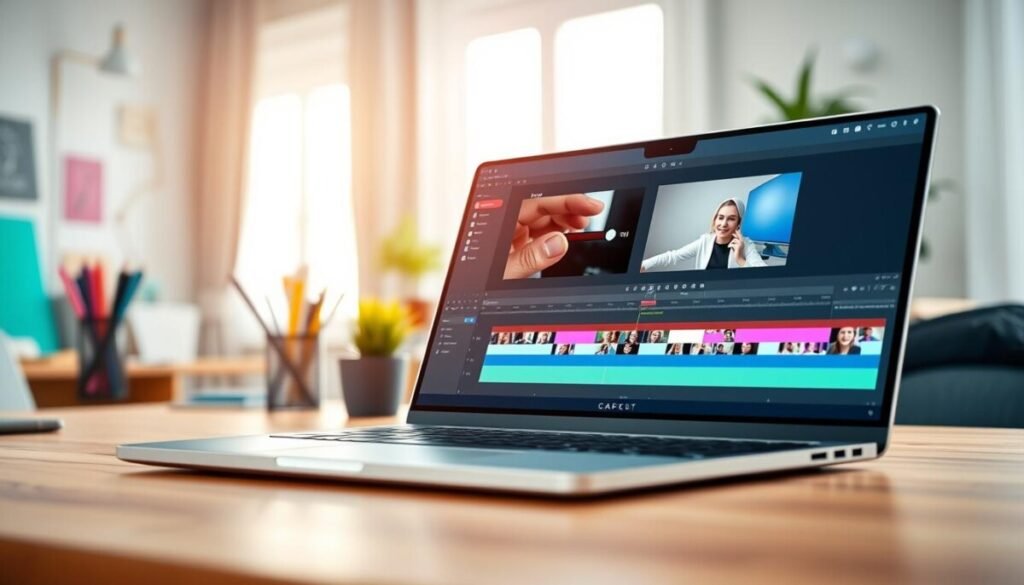 A vibrant digital workspace showcasing a sleek laptop screen with the CapCut interface open, displaying an editing timeline with speed adjustment and reverse effects being applied to video clips. In the foreground, a hand adjusting a slider labeled "Speed" with a playful energy, emphasizing the action of editing. The middle ground features a slightly blurred view of an organized desk with colorful stationery and a potted plant, suggesting a creative environment. The background reveals an inviting room with soft, natural lighting streaming through a window, creating a warm atmosphere. A subtle bokeh effect enhances the focus on the laptop screen, capturing the essence of video editing as a fun and engaging process, perfect for beginners.