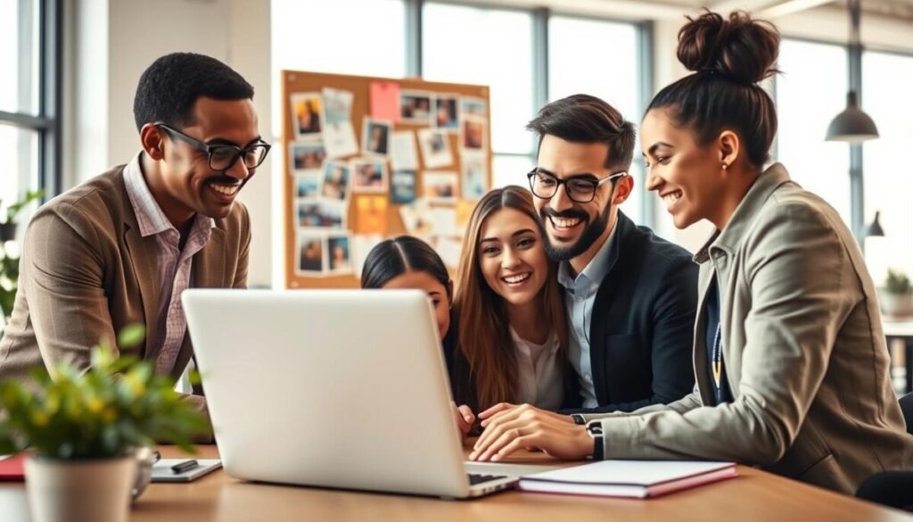 A vibrant digital workspace showcasing "threads engagement" in action. In the foreground, a diverse group of three professionals, dressed in smart casual attire, are gathered around a sleek laptop, intensely discussing ideas with excited expressions. The middle ground features a corkboard filled with colorful notes and pinned images representing social media strategies, while the background softly fades to a modern office space with large windows allowing natural light to flood in. The warm and inviting atmosphere encourages collaboration and creativity. Use soft, diffused lighting to enhance the focus on the group, creating a sense of connection and energy. The overall mood should convey enthusiasm and the strength of consistent engagement in building an online community. A vibrant digital workspace showcasing "threads engagement" in action. In the foreground, a diverse group of three professionals, dressed in smart casual attire, are gathered around a sleek laptop, intensely discussing ideas with excited expressions. The middle ground features a corkboard filled with colorful notes and pinned images representing social media strategies, while the background softly fades to a modern office space with large windows allowing natural light to flood in. The warm and inviting atmosphere encourages collaboration and creativity. Use soft, diffused lighting to enhance the focus on the group, creating a sense of connection and energy. The overall mood should convey enthusiasm and the strength of consistent engagement in building an online community.
