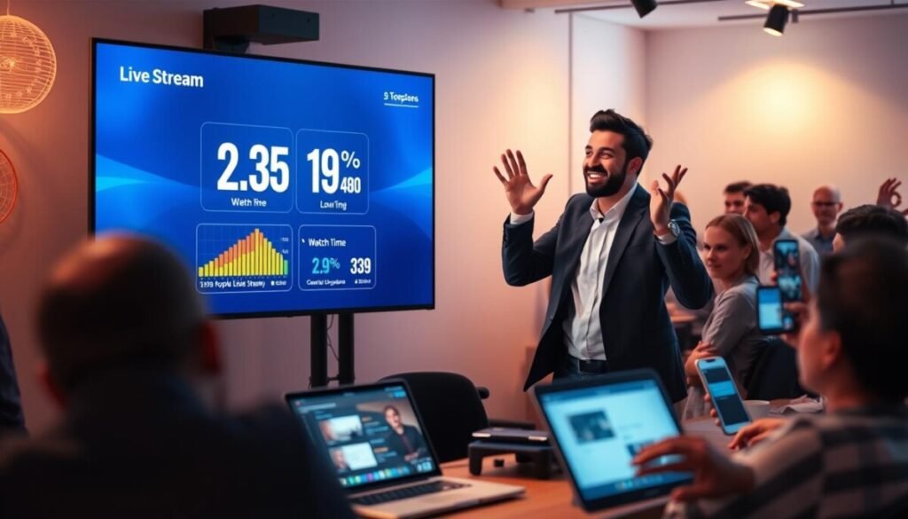 A vibrant, dynamic scene depicting a digital live stream viewing environment. In the foreground, a large screen shows real-time viewer count and watch time statistics, bright and colorful graphs highlighted against a sleek, modern design. The middle ground features a host, a young professional in casual business attire, enthusiastically engaging with a virtual audience, gesturing expressively with their hands. The background is filled with an array of digital devices—a laptop, a smartphone, and a tablet—showing chat scrolling and notifications. Soft, ambient lighting creates an energetic yet inviting atmosphere, with a slight bokeh effect to emphasize the foreground elements. The overall mood is motivational, capturing the excitement of maximizing engagement through live streaming as a tool for rapid growth. A vibrant, dynamic scene depicting a digital live stream viewing environment. In the foreground, a large screen shows real-time viewer count and watch time statistics, bright and colorful graphs highlighted against a sleek, modern design. The middle ground features a host, a young professional in casual business attire, enthusiastically engaging with a virtual audience, gesturing expressively with their hands. The background is filled with an array of digital devices—a laptop, a smartphone, and a tablet—showing chat scrolling and notifications. Soft, ambient lighting creates an energetic yet inviting atmosphere, with a slight bokeh effect to emphasize the foreground elements. The overall mood is motivational, capturing the excitement of maximizing engagement through live streaming as a tool for rapid growth.
