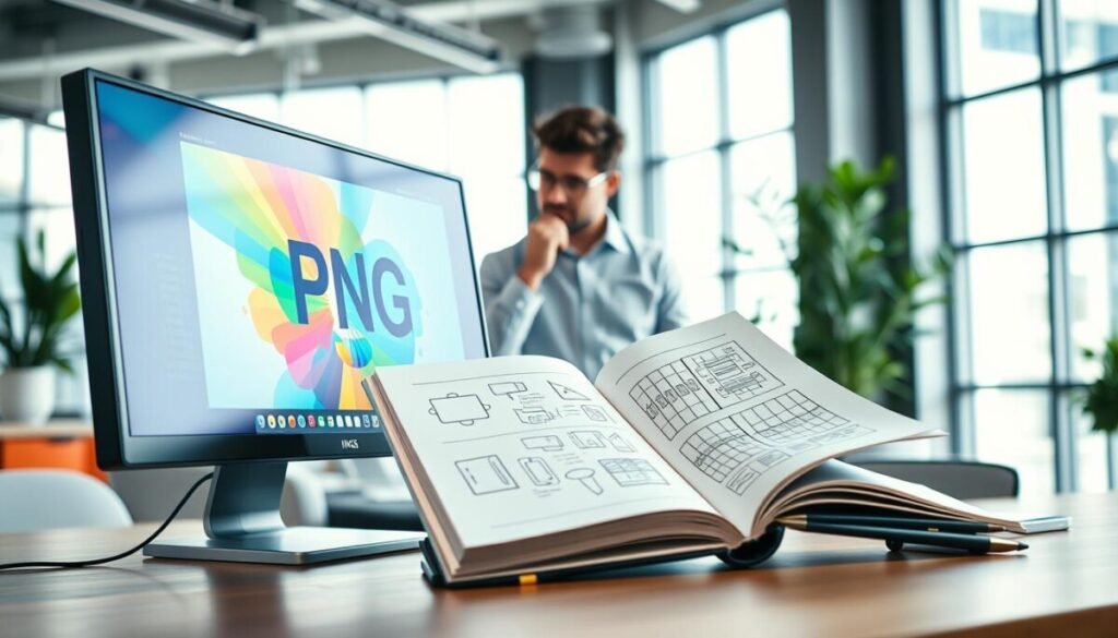 A vibrant, high-resolution PNG image featuring a creative workspace focused on digital design, emphasizing the advantages of PNG format. In the foreground, a sleek desktop computer displays a colorful PNG file with vivid graphics. Beside it, an open sketchbook filled with digital artwork ideas hints at the creative process. In the middle ground, a professional designer, dressed in smart casual attire, is thoughtfully examining the designs. The background showcases a modern office environment, with large windows letting in soft, natural daylight, enhancing the positive mood of creativity and innovation. The image should evoke a sense of clarity and professionalism, perfect for illustrating the benefits of using PNG for image projects. A vibrant, high-resolution PNG image featuring a creative workspace focused on digital design, emphasizing the advantages of PNG format. In the foreground, a sleek desktop computer displays a colorful PNG file with vivid graphics. Beside it, an open sketchbook filled with digital artwork ideas hints at the creative process. In the middle ground, a professional designer, dressed in smart casual attire, is thoughtfully examining the designs. The background showcases a modern office environment, with large windows letting in soft, natural daylight, enhancing the positive mood of creativity and innovation. The image should evoke a sense of clarity and professionalism, perfect for illustrating the benefits of using PNG for image projects.