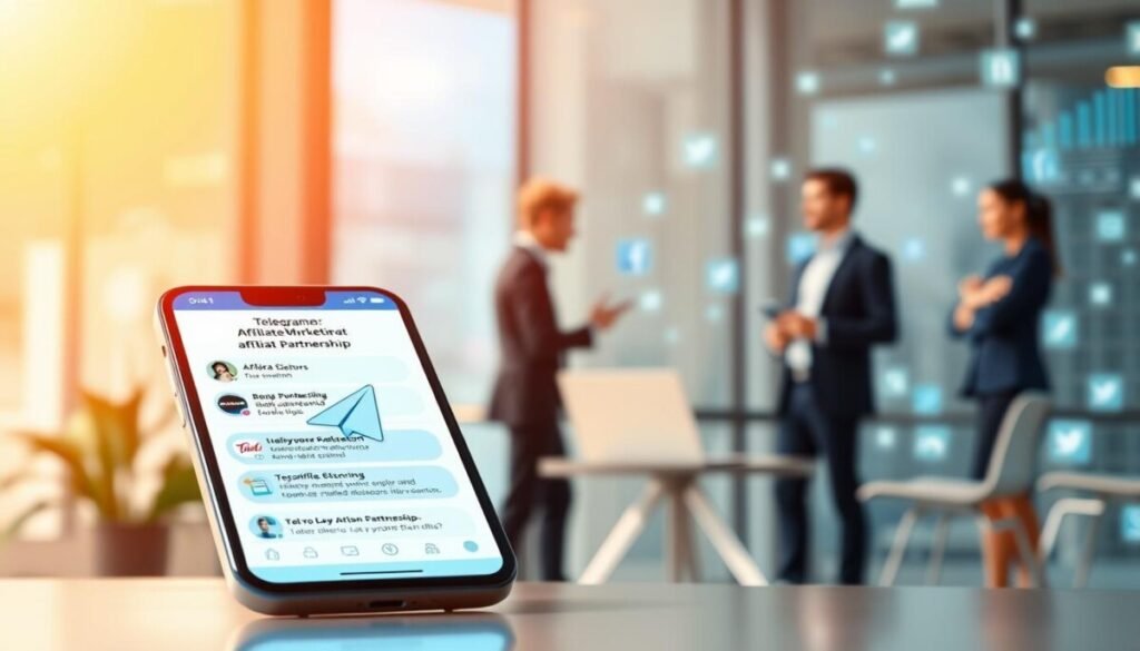 A vibrant illustration of a virtual Telegram channel focused on affiliate marketing. In the foreground, a sleek smartphone displays a Telegram interface with engaging content related to brand partnerships, featuring icons of popular brands. The middle ground features professional individuals in business attire, discussing strategies around a modern workspace, highlighting collaboration and innovation. The background showcases a blurred digital world of social media connections and analytics, symbolizing online presence and influence. Soft, warm lighting creates an inviting atmosphere, emphasizing clarity and professionalism. The angle captures both the smartphone and the engaged team, fostering a sense of teamwork and opportunity in the digital marketing landscape.