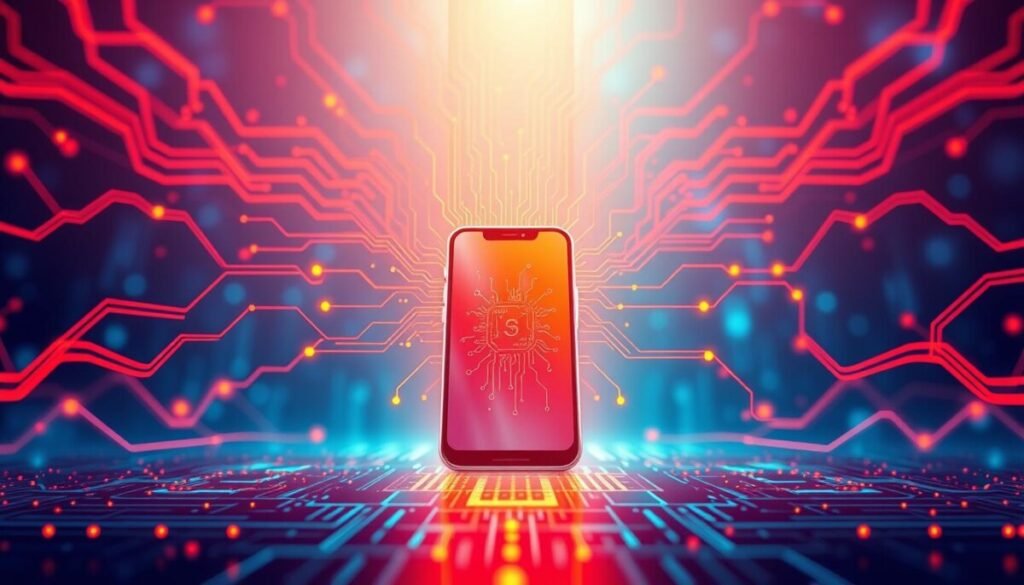 A vibrant illustration of network heat, showcasing a stylized smartphone at the foreground, radiating warm colors like orange and red to represent heat. The secondary layer features abstract circuit patterns and data waves flowing around the device, visually connecting it to the concept of 5G technology. In the background, a cool gradient of blues and greens contrasts the warm tones, symbolizing the network environment. Use dramatic lighting, highlighting the phone with a soft glow, capturing the essence of energy and performance. The overall mood is dynamic and tech-savvy, emphasizing the relationship between network efficiency and heat generation. The perspective should be slightly elevated, as if looking down at the device in action. A vibrant illustration of network heat, showcasing a stylized smartphone at the foreground, radiating warm colors like orange and red to represent heat. The secondary layer features abstract circuit patterns and data waves flowing around the device, visually connecting it to the concept of 5G technology. In the background, a cool gradient of blues and greens contrasts the warm tones, symbolizing the network environment. Use dramatic lighting, highlighting the phone with a soft glow, capturing the essence of energy and performance. The overall mood is dynamic and tech-savvy, emphasizing the relationship between network efficiency and heat generation. The perspective should be slightly elevated, as if looking down at the device in action.