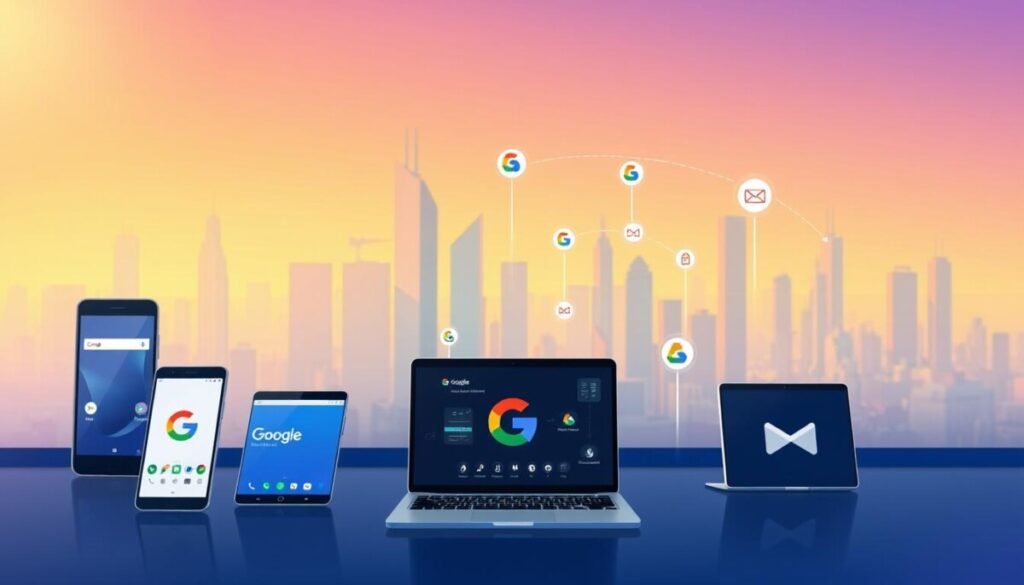 A vibrant illustration of the Google ecosystem, showcasing interconnected digital tools and services. In the foreground, feature sleek, modern devices like smartphones and laptops displaying Google apps, such as Search and Maps, in action. The middle ground displays a dynamic flow of data and services, with icons representing Google Assistant, Google Drive, and Gmail converging into a network of connectivity. In the background, an abstract skyline of futuristic city buildings symbolizes innovation and technology, bathed in soft, warm lighting that suggests a productive, collaborative atmosphere. Use a wide-angle lens effect to emphasize depth and layering, creating an inviting yet professional mood suitable for a detailed exploration of ecosystem integration. A vibrant illustration of the Google ecosystem, showcasing interconnected digital tools and services. In the foreground, feature sleek, modern devices like smartphones and laptops displaying Google apps, such as Search and Maps, in action. The middle ground displays a dynamic flow of data and services, with icons representing Google Assistant, Google Drive, and Gmail converging into a network of connectivity. In the background, an abstract skyline of futuristic city buildings symbolizes innovation and technology, bathed in soft, warm lighting that suggests a productive, collaborative atmosphere. Use a wide-angle lens effect to emphasize depth and layering, creating an inviting yet professional mood suitable for a detailed exploration of ecosystem integration.