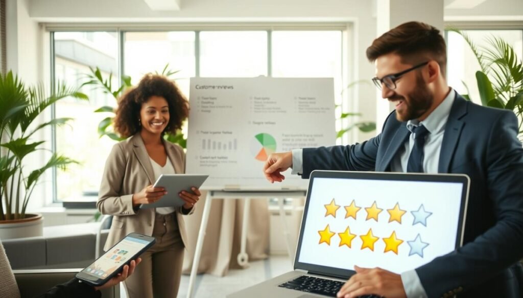 A vibrant, inviting office scene showcasing a diverse group of professionals engaged in a discussion about customer reviews. In the foreground, a man in business attire points at a laptop screen displaying five-star ratings, symbolizing positive feedback. To the left, a woman in smart casual clothing smiles as she holds a tablet with glowing testimonials. The middle section features a whiteboard filled with graphs and customer feedback snippets, illustrating the impact of reviews on engagement. The background includes modern office furniture and greenery, enhancing the work environment. Soft, natural lighting filters through large windows, creating a warm and inspiring atmosphere that evokes collaboration and positivity in driving customer engagement through reviews.