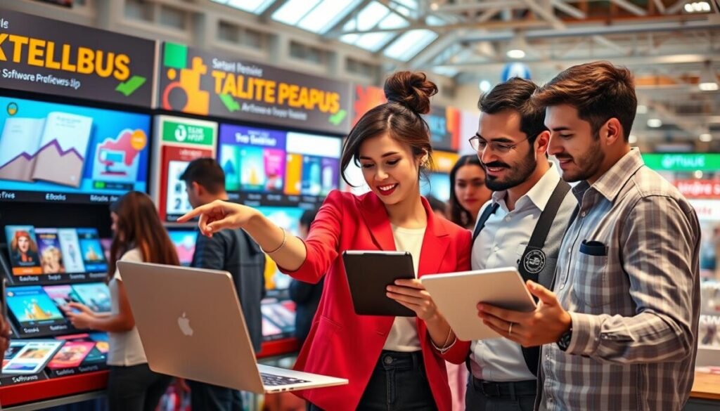 A vibrant marketplace scene illustrating "marketplace discovery," featuring a diverse group of individuals browsing various digital product offerings on their laptops and tablets. In the foreground, a woman in smart casual attire is pointing at her screen, excited, while a man next to her is discussing options. The middle ground shows colorful stalls filled with digital art, eBooks, and software displayed on vibrant screens, accompanied by dynamic graphics that represent social proof, like star ratings and reviews. The background features a modern, bustling market atmosphere with bright, warm lighting, giving a lively, inviting feeling. Shot from a slightly elevated angle to capture the energy and diversity of the scene, creating a sense of exploration and engagement in the digital marketplace. A vibrant marketplace scene illustrating "marketplace discovery," featuring a diverse group of individuals browsing various digital product offerings on their laptops and tablets. In the foreground, a woman in smart casual attire is pointing at her screen, excited, while a man next to her is discussing options. The middle ground shows colorful stalls filled with digital art, eBooks, and software displayed on vibrant screens, accompanied by dynamic graphics that represent social proof, like star ratings and reviews. The background features a modern, bustling market atmosphere with bright, warm lighting, giving a lively, inviting feeling. Shot from a slightly elevated angle to capture the energy and diversity of the scene, creating a sense of exploration and engagement in the digital marketplace.