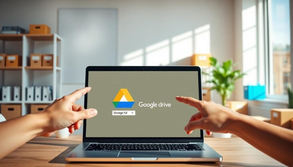 A vibrant, modern digital workspace illustrating the concept of Google Drive storage management. In the foreground, a sleek laptop is open, displaying the Google Drive interface with a visually striking "storage full" notification. A hand reaches towards the laptop, prepared to click on options to free up space. In the middle ground, organized shelves filled with folders and boxes labeled with various digital storage categories, symbolizing organization and efficiency. The background features a bright, airy office with natural light streaming in from a window, casting soft shadows. The ambiance is professional yet inviting, highlighting the urgency of maintaining digital space. The overall composition conveys a sense of clarity and determination, perfect for an article focused on quick solutions for managing online storage limits.