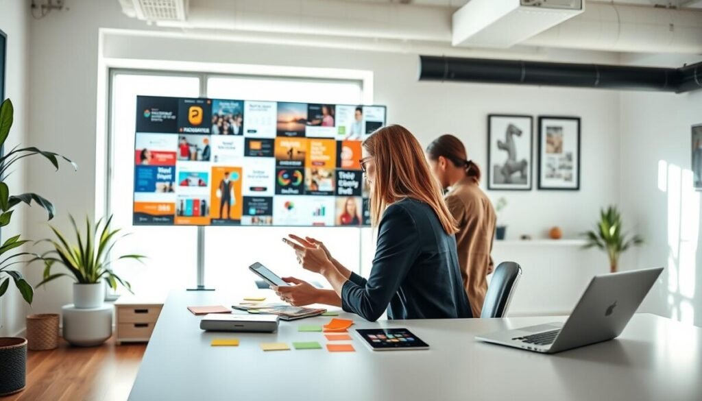 A vibrant, modern workspace featuring two professionals collaborating on content creation. In the foreground, a woman dressed in smart casual attire is seated at a sleek, contemporary desk, actively brainstorming ideas while surrounding herself with colorful post-it notes and digital tablets. The middle ground showcases a large screen displaying a beautiful assortment of images and graphics illustrating various content types, such as infographics, videos, and articles. In the background, a bright window floods the scene with natural light, creating a warm and inviting atmosphere. The room is decorated with plants and art, suggesting creativity and inspiration. The camera angle is slightly above eye-level, providing a broad view of this dynamic environment, emphasizing teamwork and innovation in the realm of visual assets.