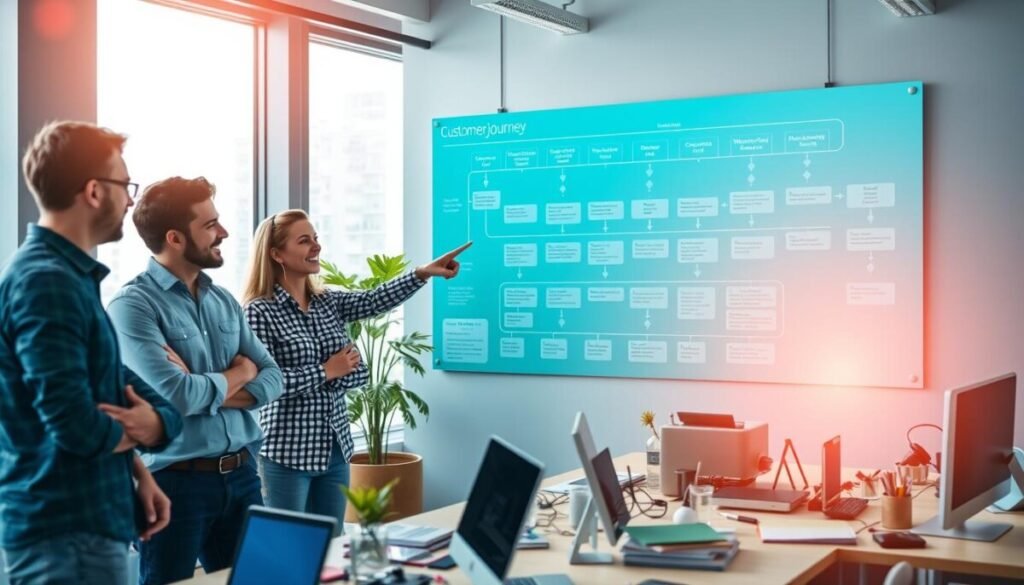 A vibrant office scene illustrating the mapping of a customer journey. In the foreground, a diverse group of three professionals—two males and one female—are engaged in a collaborative discussion, pointing at a large flowchart displayed on a wall. The flowchart visually outlines stages of customer interaction, from awareness to loyalty, with colorful icons representing various touchpoints like social media, customer support, and product feedback. In the middle ground, desks cluttered with digital devices and notebooks convey a sense of busy creativity. The background features large windows letting in soft, natural light, casting a warm glow over the workspace. The atmosphere is dynamic and forward-thinking, reflecting innovation and teamwork in automating customer interactions through WhatsApp chatbots.
