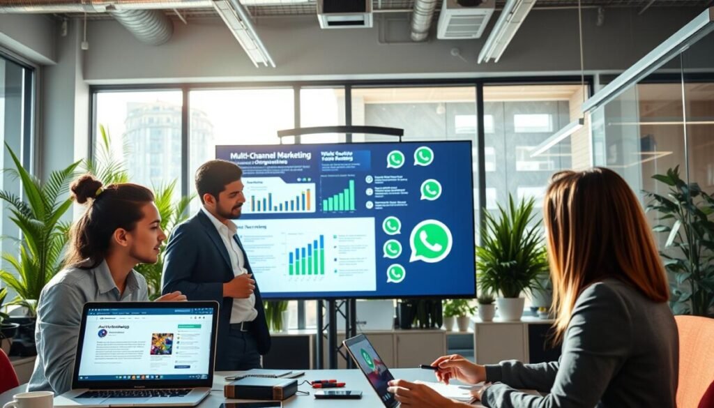 A vibrant office setting showcasing a professional marketing team engaged in a dynamic brainstorming session. In the foreground, a diverse group of three individuals, dressed in business attire, collaborates over digital devices displaying the ActiveCampaign interface and WhatsApp messaging. The middle layer features a large screen projecting charts and analytics related to multi-channel marketing strategies, with WhatsApp icons subtly incorporated. The background is filled with modern office elements, such as plants and a large window allowing natural light to stream in, creating an inviting atmosphere. The lighting is bright and uplifting, conveying energy and innovation. The angle captures the excitement of teamwork and technology seamlessly working together.