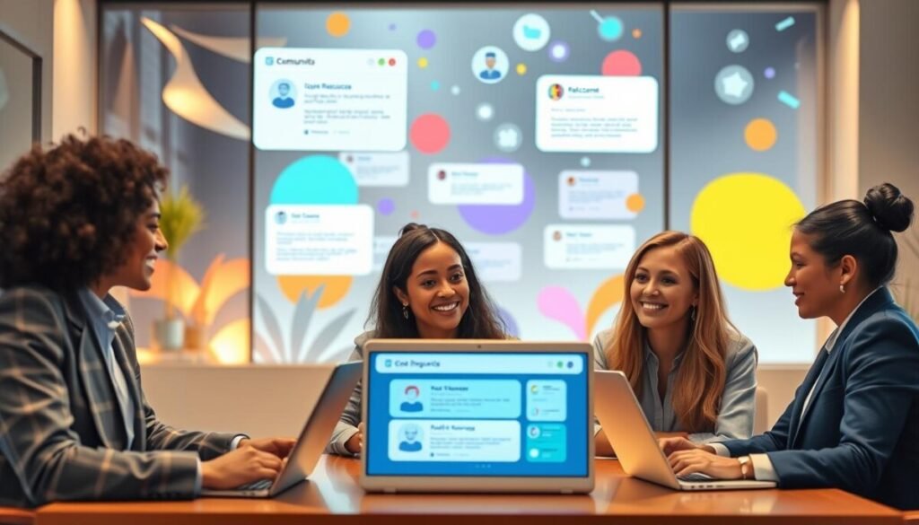 A vibrant scene depicting community support in a modern virtual space. Foreground features a diverse group of three individuals, each dressed in professional attire, engaging in a lively discussion over laptops, showcasing collaboration. The middle ground includes floating digital screens displaying helpful resources and moderation tools, emphasizing community growth. The background features a stylized representation of a virtual chat room filled with abstract shapes and colors, symbolizing connectivity and inclusiveness. Soft, warm lighting casts a welcoming glow, creating an atmosphere of positivity and teamwork. The image captures a sense of unity and support within a digital community setting, with an inviting and optimistic mood, shot from a slightly elevated angle to encompass the entire scene. A vibrant scene depicting community support in a modern virtual space. Foreground features a diverse group of three individuals, each dressed in professional attire, engaging in a lively discussion over laptops, showcasing collaboration. The middle ground includes floating digital screens displaying helpful resources and moderation tools, emphasizing community growth. The background features a stylized representation of a virtual chat room filled with abstract shapes and colors, symbolizing connectivity and inclusiveness. Soft, warm lighting casts a welcoming glow, creating an atmosphere of positivity and teamwork. The image captures a sense of unity and support within a digital community setting, with an inviting and optimistic mood, shot from a slightly elevated angle to encompass the entire scene.