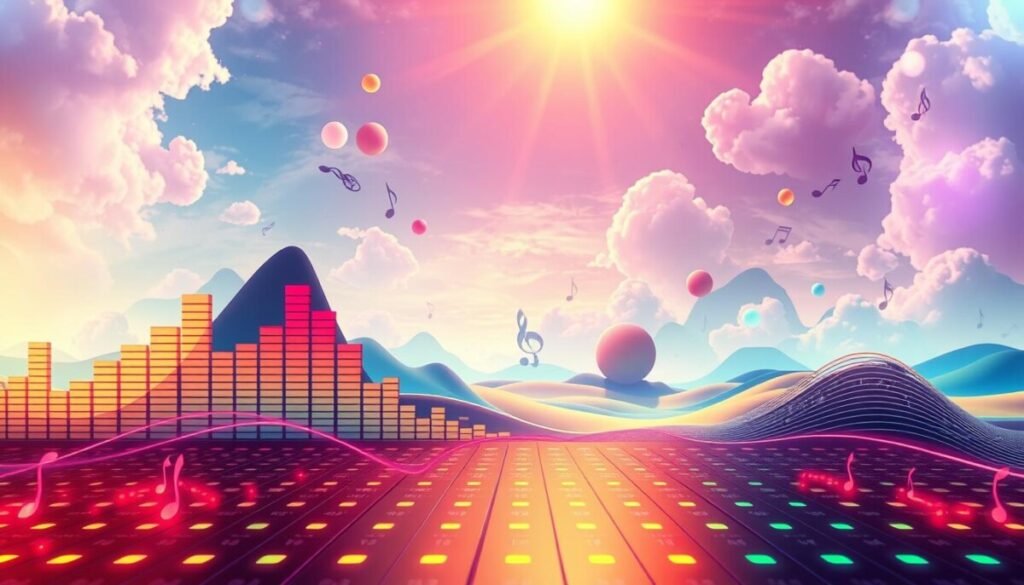 A vibrant, surreal representation of an emotion-driven soundtrack, with musical notes transforming into colorful waves and rhythms that flow across the canvas. In the foreground, a glowing soundboard filled with dynamic equalizer bars pulsates in sync with the music. The middle ground features an imaginative landscape, where abstract shapes symbolize various emotions—joy, sadness, excitement—intertwined with the sound waves. In the background, a dreamy sky filled with soft pastel hues creates a calming atmosphere, suggesting a blend of creativity and inspiration. Warm, radiant lighting enhances the joyful elements, while cooler tones represent melancholy, illustrating the duality of sound. The overall composition should evoke a sense of wonder and artistic expression, inviting viewers to explore the depths of musical emotion. A vibrant, surreal representation of an emotion-driven soundtrack, with musical notes transforming into colorful waves and rhythms that flow across the canvas. In the foreground, a glowing soundboard filled with dynamic equalizer bars pulsates in sync with the music. The middle ground features an imaginative landscape, where abstract shapes symbolize various emotions—joy, sadness, excitement—intertwined with the sound waves. In the background, a dreamy sky filled with soft pastel hues creates a calming atmosphere, suggesting a blend of creativity and inspiration. Warm, radiant lighting enhances the joyful elements, while cooler tones represent melancholy, illustrating the duality of sound. The overall composition should evoke a sense of wonder and artistic expression, inviting viewers to explore the depths of musical emotion.