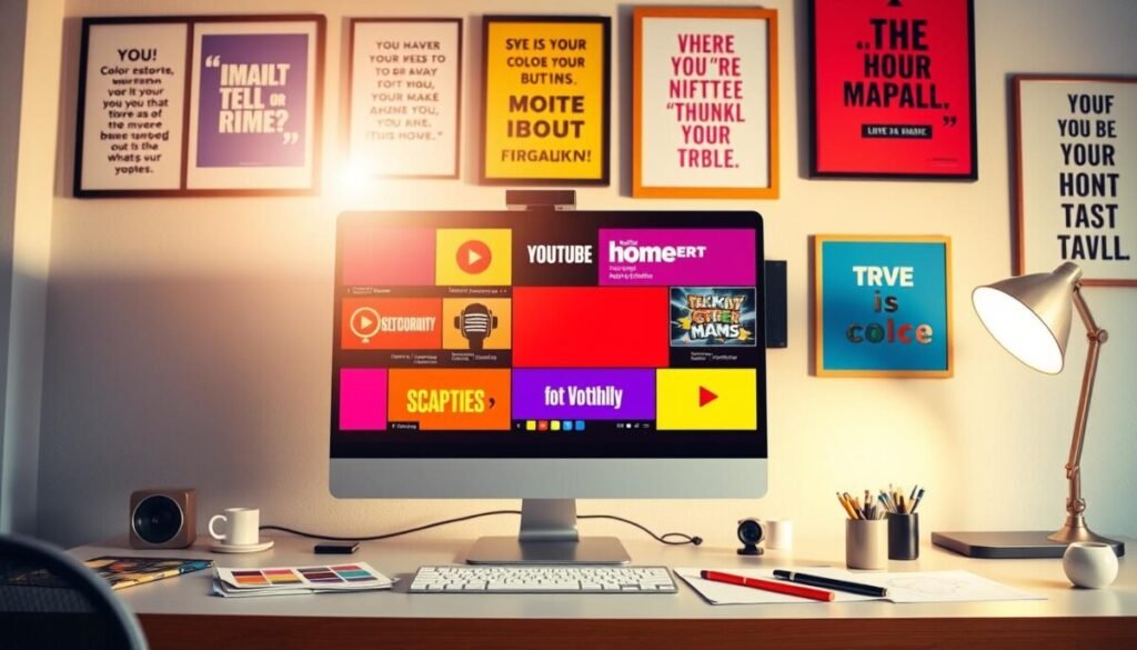 A vibrant, visually appealing composition showcasing a digital workspace focused on color and typography for YouTube thumbnails. In the foreground, a sleek computer monitor displays an array of colorful thumbnail designs featuring bold typography in various styles, set against a clean desk with graphic design tools like color swatches and sketches. The middle layer emphasizes a soft, welcoming light illuminating the workspace, casting gentle shadows that enhance the atmosphere of creativity. In the background, a wall adorned with framed inspirational quotes and colorful posters reflects the theme. The overall mood is energetic and motivating, inviting viewers to explore the powerful impact of color and typography on click-through rates. The image should be vibrant, professional, and free of any text or logos. A vibrant, visually appealing composition showcasing a digital workspace focused on color and typography for YouTube thumbnails. In the foreground, a sleek computer monitor displays an array of colorful thumbnail designs featuring bold typography in various styles, set against a clean desk with graphic design tools like color swatches and sketches. The middle layer emphasizes a soft, welcoming light illuminating the workspace, casting gentle shadows that enhance the atmosphere of creativity. In the background, a wall adorned with framed inspirational quotes and colorful posters reflects the theme. The overall mood is energetic and motivating, inviting viewers to explore the powerful impact of color and typography on click-through rates. The image should be vibrant, professional, and free of any text or logos.