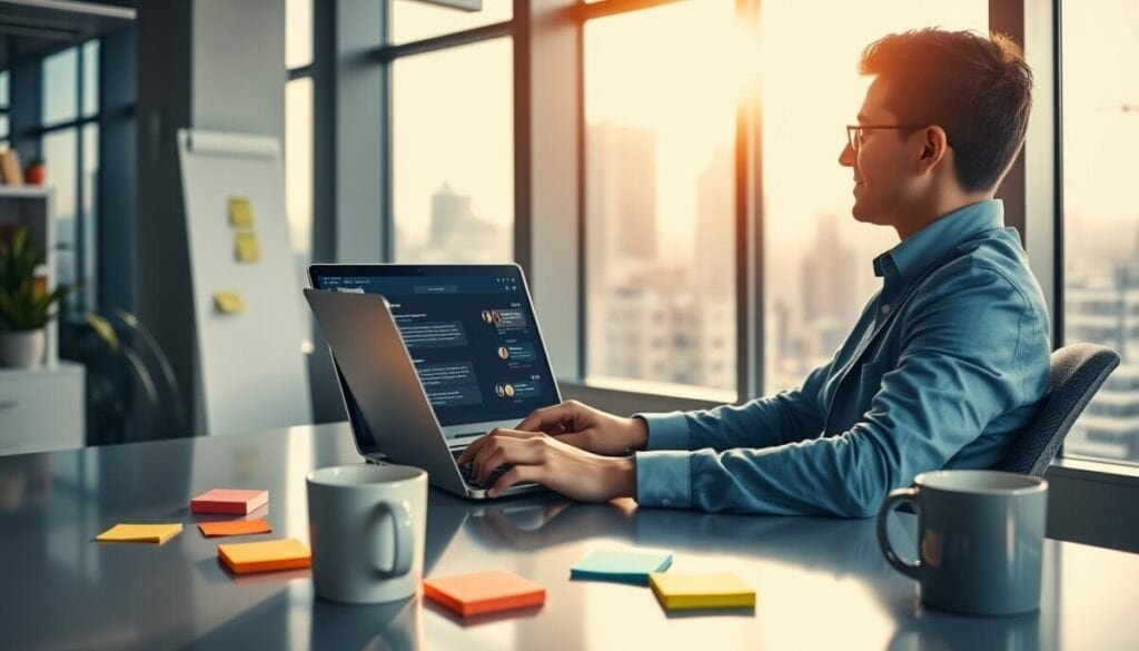 A vibrant workspace depicting a professional setting focused on digital engagement. In the foreground, a young professional in smart casual attire is seated at a sleek desk, engaging with a laptop displaying the Threads interface, with notifications and interaction icons glowing on the screen. In the middle ground, colorful sticky notes and a coffee mug suggest creativity and brainstorming. The background features a large window with a bright, sun-drenched cityscape, symbolizing connectivity. Soft, natural lighting filters through, creating a warm and inviting atmosphere. The angle should provide a slight overhead view, capturing both the individual’s focus and the dynamic elements around them, emphasizing a culture of engagement and productivity in digital spheres. A vibrant workspace depicting a professional setting focused on digital engagement. In the foreground, a young professional in smart casual attire is seated at a sleek desk, engaging with a laptop displaying the Threads interface, with notifications and interaction icons glowing on the screen. In the middle ground, colorful sticky notes and a coffee mug suggest creativity and brainstorming. The background features a large window with a bright, sun-drenched cityscape, symbolizing connectivity. Soft, natural lighting filters through, creating a warm and inviting atmosphere. The angle should provide a slight overhead view, capturing both the individual’s focus and the dynamic elements around them, emphasizing a culture of engagement and productivity in digital spheres.