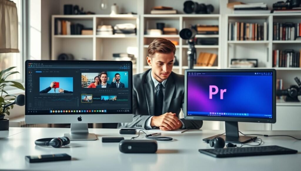 A vibrant workspace featuring two computers side by side, one displaying CapCut's user interface and the other showcasing Premiere Pro. In the foreground, focus on a sleek modern desk cluttered with editing tools—headphones, a camera, and external drives. The middle ground features a person dressed in professional business attire, intently analyzing both screens, looking contemplative. Soft natural light streams through a nearby window, highlighting the contrasting color palettes of both editing software. The background includes shelves filled with books and film equipment, creating an inspiring and creative atmosphere. The image should evoke a sense of exploration and innovation in video editing, with a clean, modern aesthetic.