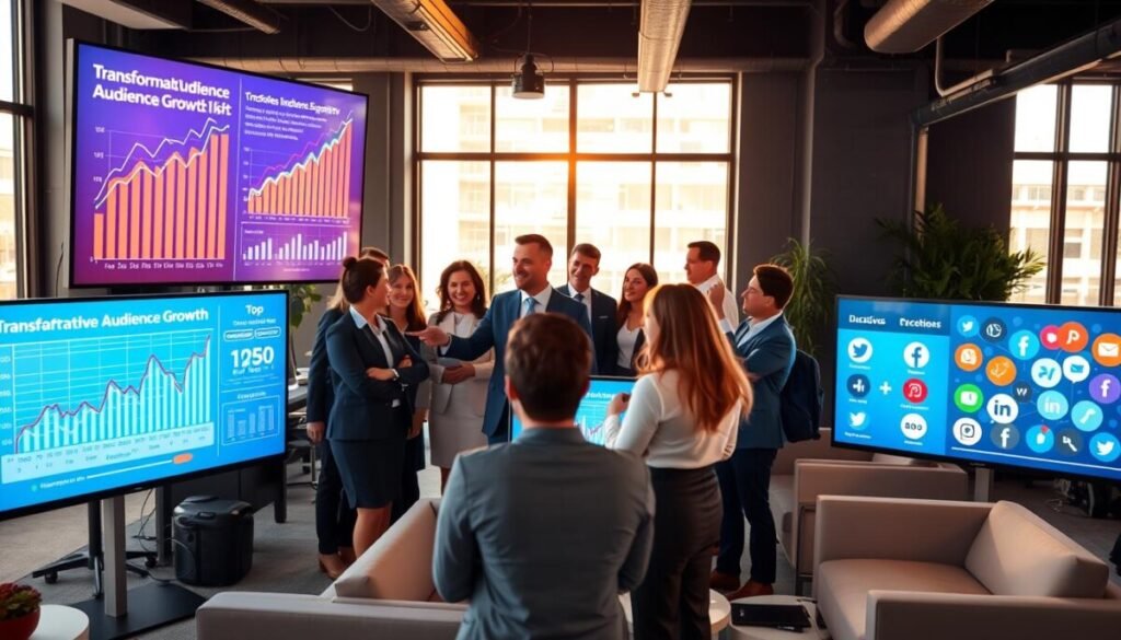 A vibrant workspace filled with people gathered around large digital screens showcasing growth charts, analytics, and audience engagement statistics. In the foreground, a diverse group of professional individuals in business attire engage in animated discussions, pointing at data visualizations that reflect transformative audience growth. The middle ground features a modern office setting with sleek furniture and additional screens displaying various social media icons to symbolize discovery. In the background, large windows let in natural light, creating an inviting and motivating atmosphere. Use soft, warm lighting to enhance the mood of collaboration and innovation. Capture the image from a slightly elevated angle for depth, highlighting the interaction among individuals while showcasing the dynamic digital elements around them.