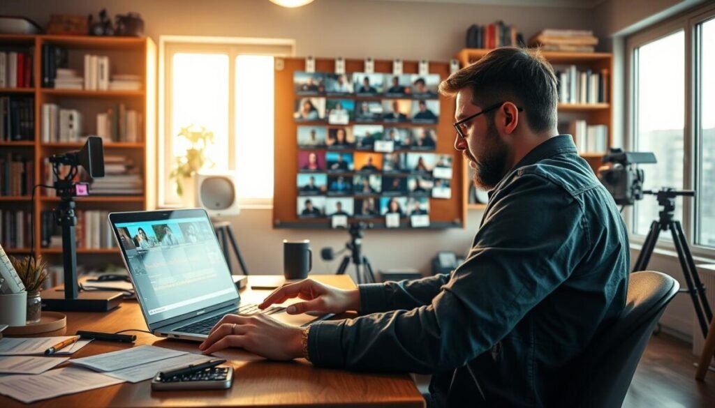 A vibrant workspace scene illustrating the concept of repurposing long-form content into engaging video clips. In the foreground, a professional video editor is attentively working on a sleek laptop, with a colorful montage of video clips playing on the screen. Papers and notes with content ideas are scattered around, emphasizing creativity. In the middle ground, a stylish corkboard displays thumbnails from various long-form videos, highlighting the transformation into bite-sized clips. The background features bookshelves filled with filmmaking books and equipment, softly illuminated by warm, natural light streaming through a large window. The mood is one of inspiration and productivity, reflecting a modern, engaging atmosphere ideal for digital content creation. The scene is captured with a slight tilt to create dynamic interest, using a soft-focus effect on the background. A vibrant workspace scene illustrating the concept of repurposing long-form content into engaging video clips. In the foreground, a professional video editor is attentively working on a sleek laptop, with a colorful montage of video clips playing on the screen. Papers and notes with content ideas are scattered around, emphasizing creativity. In the middle ground, a stylish corkboard displays thumbnails from various long-form videos, highlighting the transformation into bite-sized clips. The background features bookshelves filled with filmmaking books and equipment, softly illuminated by warm, natural light streaming through a large window. The mood is one of inspiration and productivity, reflecting a modern, engaging atmosphere ideal for digital content creation. The scene is captured with a slight tilt to create dynamic interest, using a soft-focus effect on the background.