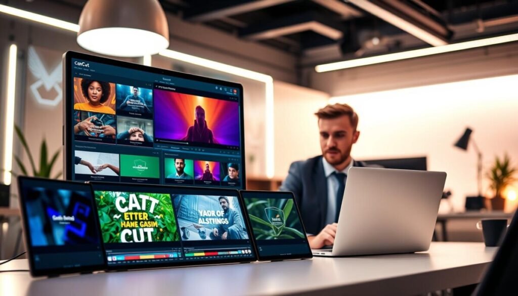 A vibrant workspace showcasing a computer screen displaying various CapCut video templates. In the foreground, there are a few colorful screenshots of CapCut templates, exemplifying dynamic cuts, text animations, and overlay effects. The middle ground features a person in professional business attire, engaged in video editing on their laptop, showcasing a focused expression. The background has a stylish, modern workspace with soft LED lights illuminating the area, creating an energetic yet professional atmosphere. The scene is captured from a slightly angled perspective, emphasizing both the screen and the individual's concentration on achieving the best possible edits. The overall mood conveys creativity, efficiency, and the potential for viral content creation.