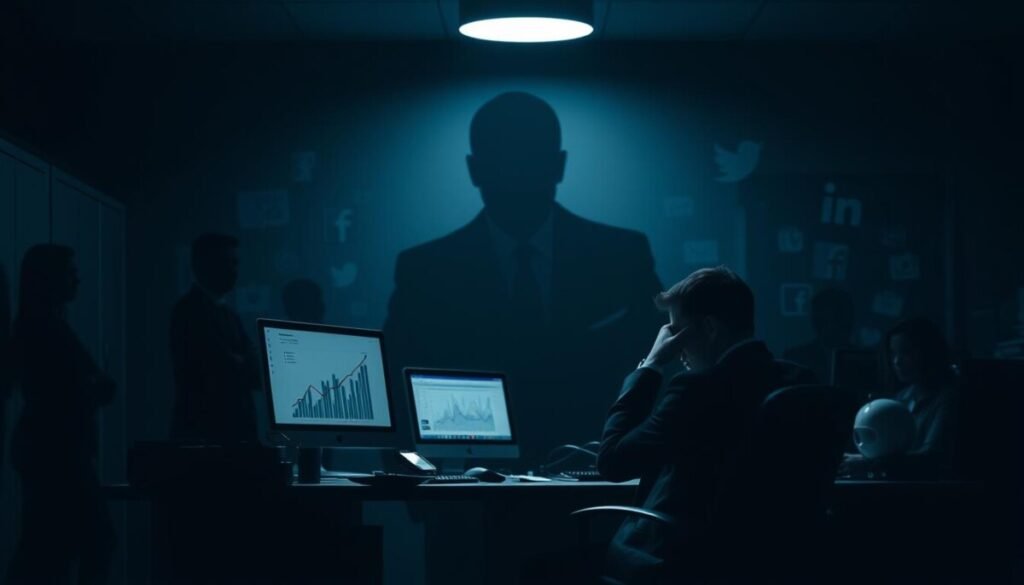 A visual representation of "content policy shadowban" depicted as a dark, atmospheric office environment. In the foreground, a frustrated individual in smart business attire sits at a desk cluttered with digital devices, looking at a computer screen displaying graphs and analytics with downward trends. The middle layer includes a large, semi-transparent shadow looming over the office, symbolizing the shadowban, with digital icons and social media logos faintly visible within it. The background features blurred silhouettes of colleagues, suggesting the isolation felt by those affected by policy enforcement. The lighting is dim, with a single overhead light casting dramatic shadows, enhancing the mood of frustration and uncertainty. The scene conveys a sense of mystery and urgency, inviting viewers to explore the complexities of content moderation. A visual representation of "content policy shadowban" depicted as a dark, atmospheric office environment. In the foreground, a frustrated individual in smart business attire sits at a desk cluttered with digital devices, looking at a computer screen displaying graphs and analytics with downward trends. The middle layer includes a large, semi-transparent shadow looming over the office, symbolizing the shadowban, with digital icons and social media logos faintly visible within it. The background features blurred silhouettes of colleagues, suggesting the isolation felt by those affected by policy enforcement. The lighting is dim, with a single overhead light casting dramatic shadows, enhancing the mood of frustration and uncertainty. The scene conveys a sense of mystery and urgency, inviting viewers to explore the complexities of content moderation.