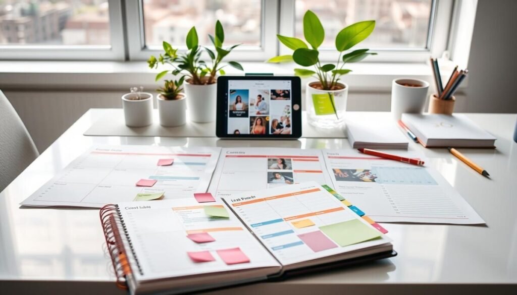 A visually appealing content calendar spread out on a sleek, modern desk, showing various sections for planning social media posts, deadlines, and notes. In the foreground, a stylish planner is open with colorful tabs and sticky notes. The middle ground features a digital device displaying the Later app interface with visually engaging graphics for scheduling tools. In the background, a bright workspace with soft natural light filtering through a large window, plants adding a touch of greenery, and organized stationery enhances the creative atmosphere. The overall mood is bright, inspiring, and professional, perfect for a content planning session for creators in 2026. A visually appealing content calendar spread out on a sleek, modern desk, showing various sections for planning social media posts, deadlines, and notes. In the foreground, a stylish planner is open with colorful tabs and sticky notes. The middle ground features a digital device displaying the Later app interface with visually engaging graphics for scheduling tools. In the background, a bright workspace with soft natural light filtering through a large window, plants adding a touch of greenery, and organized stationery enhances the creative atmosphere. The overall mood is bright, inspiring, and professional, perfect for a content planning session for creators in 2026.