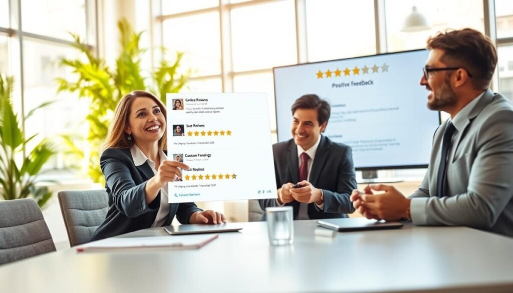 A visually appealing scene depicting a diverse group of professionals gathered around a modern office table, engaged in a lively discussion about positive customer feedback. In the foreground, a woman in business attire enthusiastically points to a large digital screen displaying glowing reviews and star ratings. The middle ground features two men, one with glasses and the other with a tie, nodding in agreement as they take notes. The background shows a bright, contemporary office space with large windows and greenery, creating an inviting atmosphere. Soft, natural lighting filters through, casting warm shadows and enhancing the positive vibe. The overall mood is collaborative and upbeat, reflecting best practices for engaging with positive reviews. A visually appealing scene depicting a diverse group of professionals gathered around a modern office table, engaged in a lively discussion about positive customer feedback. In the foreground, a woman in business attire enthusiastically points to a large digital screen displaying glowing reviews and star ratings. The middle ground features two men, one with glasses and the other with a tie, nodding in agreement as they take notes. The background shows a bright, contemporary office space with large windows and greenery, creating an inviting atmosphere. Soft, natural lighting filters through, casting warm shadows and enhancing the positive vibe. The overall mood is collaborative and upbeat, reflecting best practices for engaging with positive reviews.
