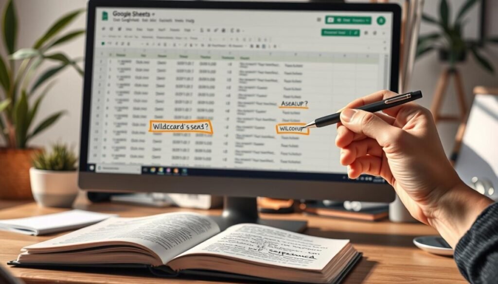A visually appealing workspace featuring a modern desktop computer displaying a Google Sheets interface filled with formulas and wildcards prominently highlighted. In the foreground, a hand is using a sleek pen to point at specific wildcards like asterisks and question marks intermingled with cell references. The middle ground shows a partially open notebook filled with handwritten notes on VLOOKUP and advanced search techniques. The background includes soft-focus elements of office decor, such as plants and a coffee cup, creating a productive atmosphere. The lighting is bright and well-balanced, mimicking natural daylight to inspire a sense of creativity and focus. The overall mood is professional and inviting, encouraging engagement with the advanced features of Google Sheets. A visually appealing workspace featuring a modern desktop computer displaying a Google Sheets interface filled with formulas and wildcards prominently highlighted. In the foreground, a hand is using a sleek pen to point at specific wildcards like asterisks and question marks intermingled with cell references. The middle ground shows a partially open notebook filled with handwritten notes on VLOOKUP and advanced search techniques. The background includes soft-focus elements of office decor, such as plants and a coffee cup, creating a productive atmosphere. The lighting is bright and well-balanced, mimicking natural daylight to inspire a sense of creativity and focus. The overall mood is professional and inviting, encouraging engagement with the advanced features of Google Sheets.