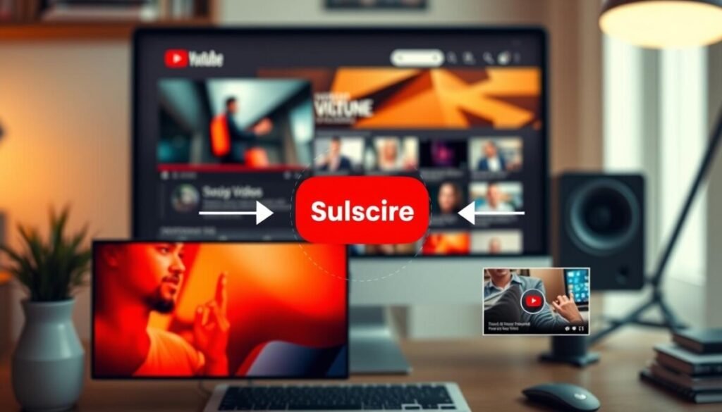 A visually compelling YouTube end screen layout featuring various elements strategically selected for viewer engagement. In the foreground, include a large video thumbnail showcasing an eye-catching image, flanked by two smaller thumbnails of recommended videos. The middle section features a circular subscribe button, prominently displayed for easy access. In the background, depict a softly blurred desktop setting with a computer screen showing the YouTube interface, creating an inviting atmosphere. Use warm lighting to evoke a sense of approachability and interactivity. The overall mood should be professional yet engaging, encouraging viewers to click and explore more, captured from a slight high angle to emphasize the end screen's layout effectively.