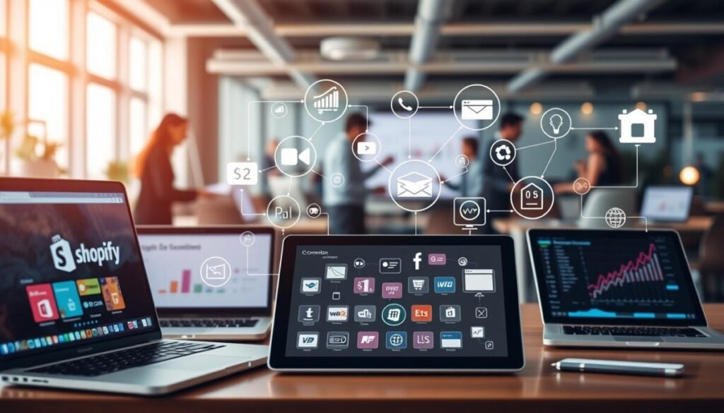 A visually compelling representation of e-commerce platform integrations, featuring a dynamic digital workspace. In the foreground, display sleek laptops and tablets showcasing various e-commerce platforms like Shopify, WooCommerce, and Etsy. The middle ground should include vibrant icons representing integrations—like payment gateways, shipping services, and inventory management—interconnected with flowing lines of data. The background should feature a bustling office environment with professionals in business attire collaborating over charts and strategies. Utilize soft, warm lighting to create an inviting atmosphere, with a slightly blurred depth of field to emphasize the foreground elements. The overall mood should convey innovation and collaboration in the digital commerce landscape.