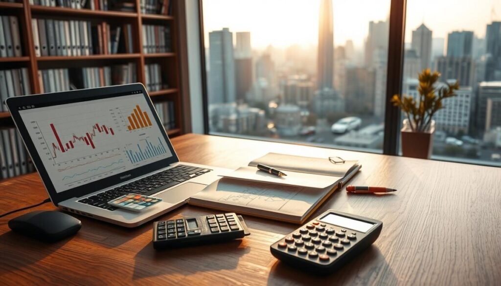 A visually compelling scene focused on statistical analysis in a professional setting. In the foreground, an elegant wooden desk cluttered with analytical tools: a laptop displaying colorful graphs and charts, an open notebook with handwritten notes, and a calculator. In the middle ground, a transparent glass window revealing a city skyline bathed in soft afternoon light, casting gentle shadows across the desk. The background features a shelf lined with technical books on statistics, machine learning, and AI. The overall atmosphere should evoke a sense of meticulous research and professionalism, with a warm, inviting glow illuminating the workspace. The composition should reflect a keen focus on data-driven insights, without any text or distracting elements. A visually compelling scene focused on statistical analysis in a professional setting. In the foreground, an elegant wooden desk cluttered with analytical tools: a laptop displaying colorful graphs and charts, an open notebook with handwritten notes, and a calculator. In the middle ground, a transparent glass window revealing a city skyline bathed in soft afternoon light, casting gentle shadows across the desk. The background features a shelf lined with technical books on statistics, machine learning, and AI. The overall atmosphere should evoke a sense of meticulous research and professionalism, with a warm, inviting glow illuminating the workspace. The composition should reflect a keen focus on data-driven insights, without any text or distracting elements.