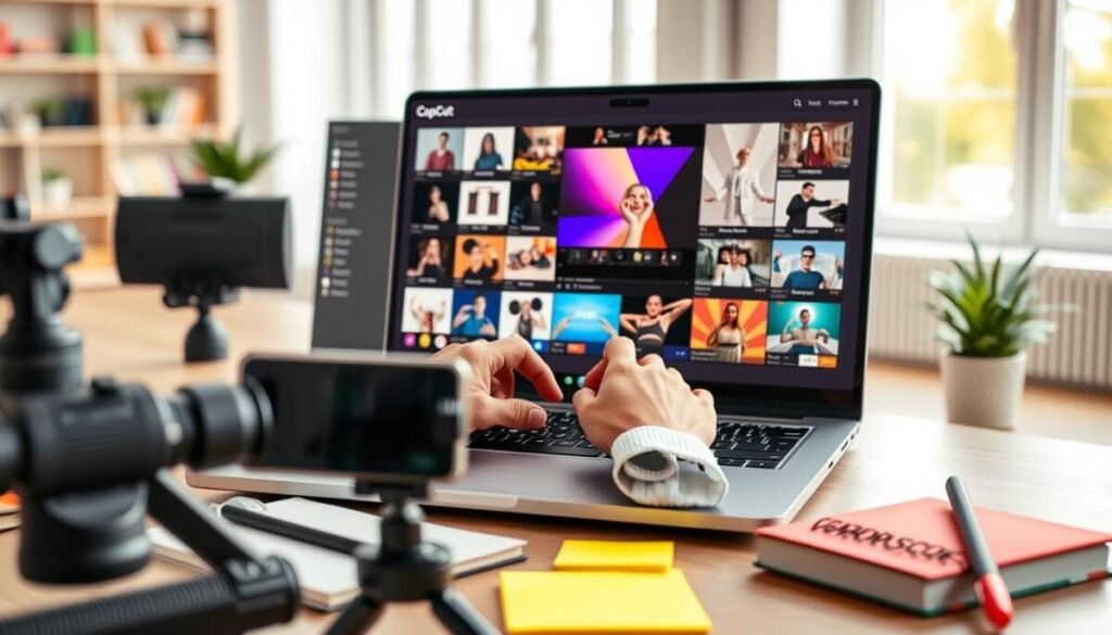 A visually dynamic workspace featuring a sleek laptop displaying a vibrant CapCut template interface on the screen, surrounded by colorful thumbnails of trending video edits in a well-organized digital workspace. In the foreground, artistic tools such as a smartphone on a tripod, a notebook, and colorful sticky notes, signaling creativity and innovation. The middle layer showcases a hands-on user adjusting settings on the laptop keyboard, dressed in smart casual attire, embodying a playful yet professional atmosphere. In the background, a soft-focus bright room filled with natural light filtering through large windows, enhancing the lively and energetic mood. The overall composition encourages a sense of discovery and engagement with viral content creation, emphasizing strategies for identifying popular templates.