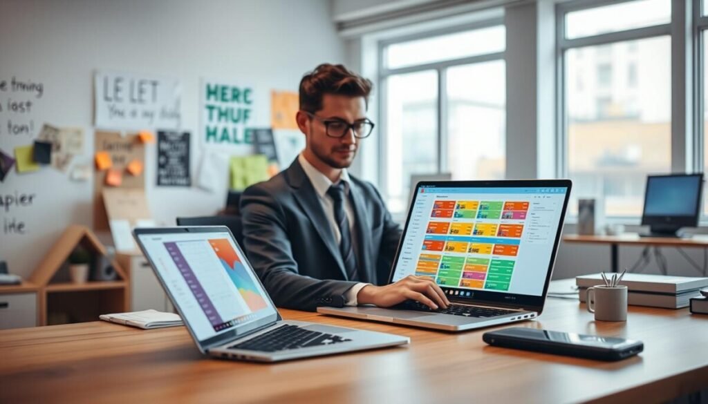 A visually engaging and informative depiction of a workspace showcasing a user setting up their first Zapier Table. In the foreground, a thoughtfully designed computer desk features a sleek laptop with the Zapier interface opened on the screen, displaying a grid of vibrant data cells. A person, dressed in professional business attire, sits focused on the laptop, typing and exploring the features of Zapier Tables. In the middle background, elements like sticky notes, data flow diagrams, and digital devices hint at a dynamic work environment. The background features a softly lit office with motivational posters on the wall and a large window allowing natural light to filter in, creating a bright and inspiring atmosphere. The overall mood is one of productivity and innovation. A visually engaging and informative depiction of a workspace showcasing a user setting up their first Zapier Table. In the foreground, a thoughtfully designed computer desk features a sleek laptop with the Zapier interface opened on the screen, displaying a grid of vibrant data cells. A person, dressed in professional business attire, sits focused on the laptop, typing and exploring the features of Zapier Tables. In the middle background, elements like sticky notes, data flow diagrams, and digital devices hint at a dynamic work environment. The background features a softly lit office with motivational posters on the wall and a large window allowing natural light to filter in, creating a bright and inspiring atmosphere. The overall mood is one of productivity and innovation.