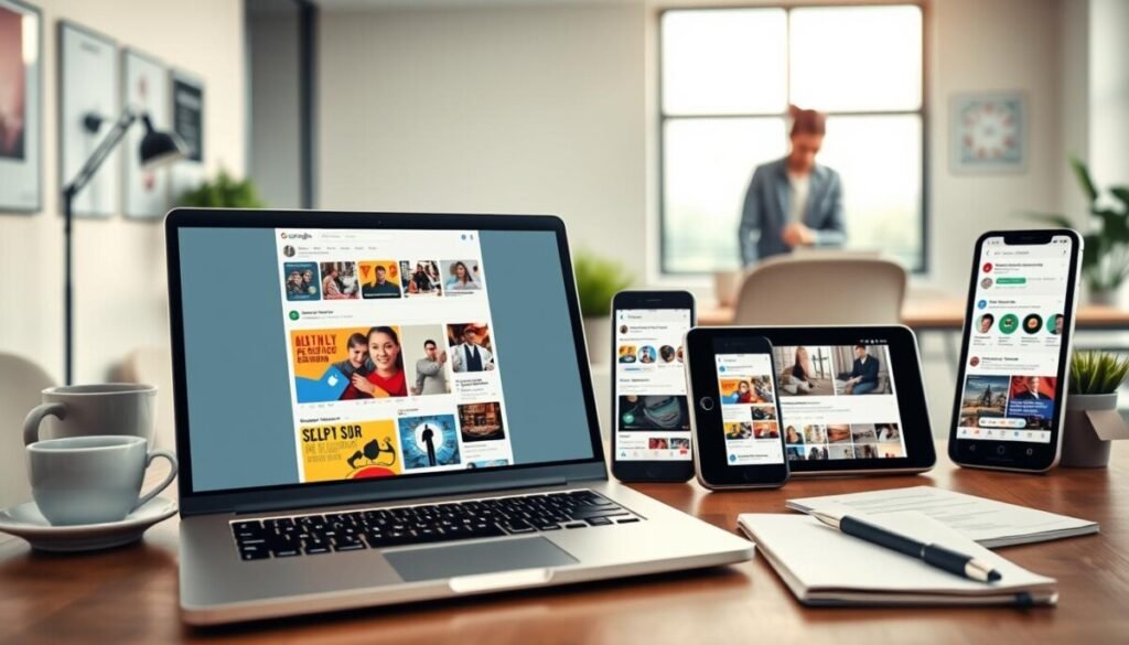 A visually engaging and informative representation of various Google Business Profile posts, positioned in a modern digital workspace. In the foreground, display a sleek laptop showing an open Google Business Profile interface with colorful post examples like promotions, updates, and events. In the middle ground, feature smart devices like smartphones and tablets, showcasing snippets of posts on their screens, emphasizing the diversity of content. The background should display a clean and organized office environment with subtle elements like a coffee cup and notepad, alluding to a productive atmosphere. Soft, natural lighting creates a warm and inviting mood. Use a wide-angle perspective to capture the essence of a thriving business atmosphere, while maintaining a professional and polished look throughout the scene.