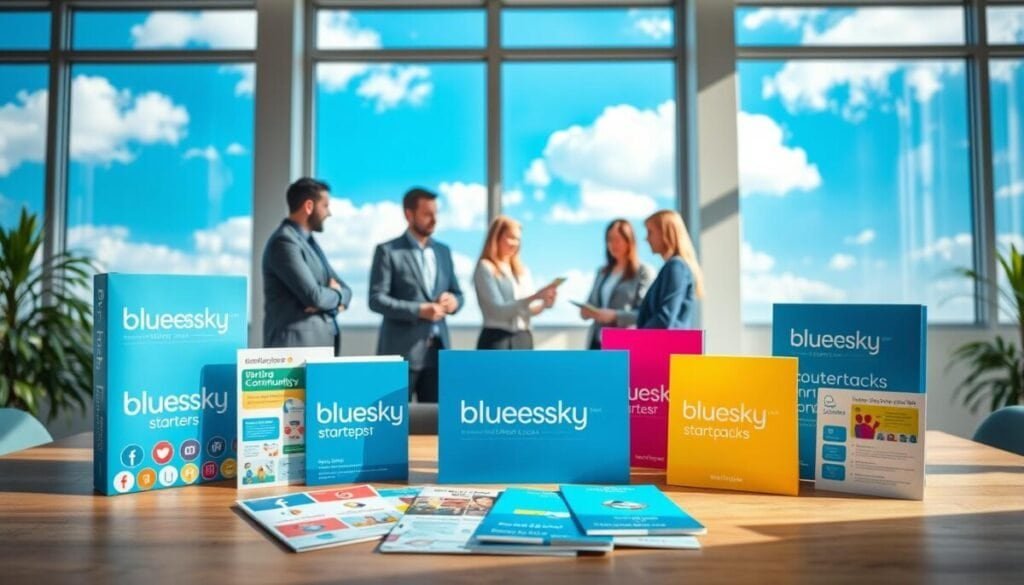 A visually engaging arrangement featuring diverse "bluesky starter packs" displayed on a wooden table in a bright, sunlit room. In the foreground, several neatly organized packs with colorful branding, including social media icons, brochures, and starter guides, attractively arranged. In the middle ground, a group of professionals in business attire collaborates, examining one of the packs, showcasing teamwork and community spirit. The background features large windows with vibrant blue skies and white clouds, enhancing the atmosphere of openness and unlimited potential. Soft, natural lighting casts gentle shadows, creating an inviting and motivating ambiance, ideal for illustrating strategies for sharing and community growth. The image captures a sense of enthusiasm and innovation.