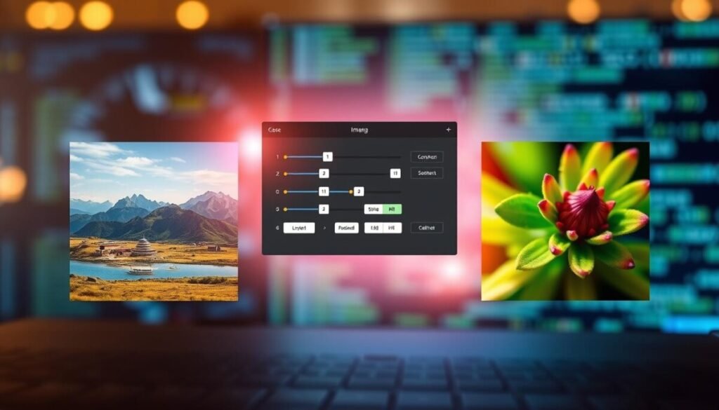 A visually engaging collage depicting various scenarios of image compression. In the foreground, showcase three distinct images side by side: a high-resolution landscape, an intricate architectural photo, and a vibrant nature macro shot, all visibly reduced in file size with clear color and detail retention. In the middle ground, illustrate a digital interface displaying compression settings with sliders and preview thumbnails, surrounded by a subtle, soft glow. The background features a blurred abstract representation of computer code and data transfer, hinting at technology. Use warm, inviting lighting to create a professional atmosphere, capturing the viewer's interest while demonstrating the effectiveness of image compression techniques.