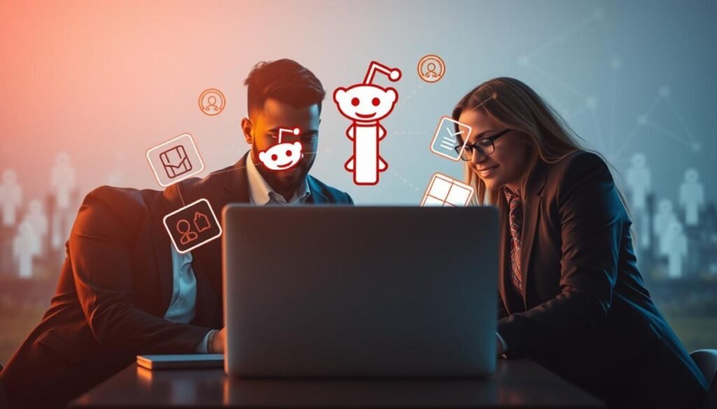 A visually engaging composition centered on the concept of building reputation through Reddit karma. In the foreground, a diverse group of three individuals in professional business attire is gathered around a laptop, deeply focused on the screen displaying Reddit’s interface, with karma points highlighted prominently. In the middle ground, illustrated icons of upvotes and awards float around them, symbolizing the positive feedback loop of community engagement. The background features a digital landscape representing an online community, with stylized Reddit logos and interconnected nodes, suggesting connectivity. Soft ambient lighting illuminates the scene, creating a warm and inviting atmosphere, while a slight depth of field emphasizes the group and their interaction with the laptop, fostering a sense of collaboration and achievement. A visually engaging composition centered on the concept of building reputation through Reddit karma. In the foreground, a diverse group of three individuals in professional business attire is gathered around a laptop, deeply focused on the screen displaying Reddit’s interface, with karma points highlighted prominently. In the middle ground, illustrated icons of upvotes and awards float around them, symbolizing the positive feedback loop of community engagement. The background features a digital landscape representing an online community, with stylized Reddit logos and interconnected nodes, suggesting connectivity. Soft ambient lighting illuminates the scene, creating a warm and inviting atmosphere, while a slight depth of field emphasizes the group and their interaction with the laptop, fostering a sense of collaboration and achievement.