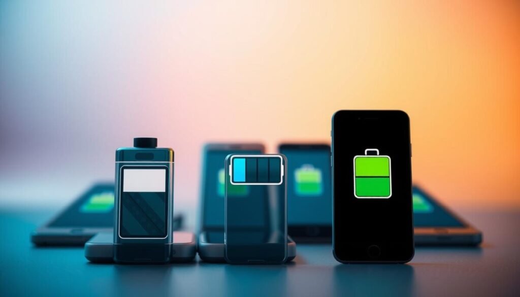 A visually engaging composition depicting various phone battery signs, including a fully charged battery, a half-charged battery, and a critically low battery icon, situated prominently in the foreground. Each battery icon should feature distinct colors and patterns, representing different charge levels. In the middle ground, include subtle hints of smartphone devices with their screens displaying these battery signs, positioned at various angles to create depth. The background should be softly blurred, highlighting a gradient of cool colors, symbolizing technology and energy. Use soft, diffused lighting to evoke a modern and informative atmosphere. The overall mood should be one of clarity and awareness, emphasizing the importance of recognizing battery conditions. No text or logos should be present. A visually engaging composition depicting various phone battery signs, including a fully charged battery, a half-charged battery, and a critically low battery icon, situated prominently in the foreground. Each battery icon should feature distinct colors and patterns, representing different charge levels. In the middle ground, include subtle hints of smartphone devices with their screens displaying these battery signs, positioned at various angles to create depth. The background should be softly blurred, highlighting a gradient of cool colors, symbolizing technology and energy. Use soft, diffused lighting to evoke a modern and informative atmosphere. The overall mood should be one of clarity and awareness, emphasizing the importance of recognizing battery conditions. No text or logos should be present.