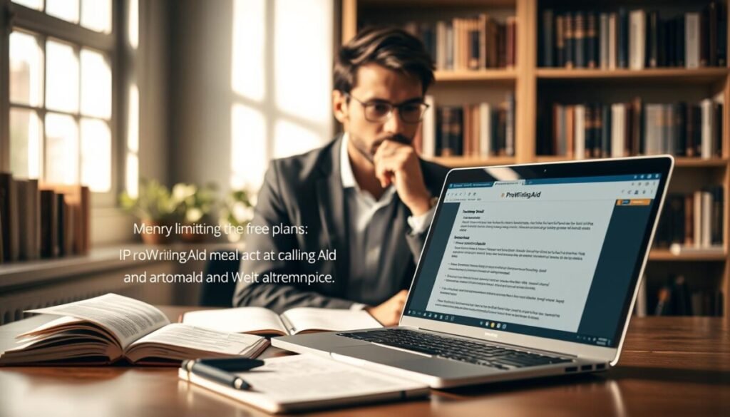 A visually engaging composition highlighting the limitations of the ProWritingAid free plan compared to premium alternatives. In the foreground, a modern, elegantly designed laptop sits on a sleek desk, displaying the ProWritingAid interface with visible alerts for free plan constraints. Beside it, open notebooks and pens evoke a creative yet professional atmosphere. In the middle ground, a thoughtful person in business casual attire examines the laptop screen, furrowing their brow in contemplation. The background features a soft-focus bookshelf filled with literary works, enhancing the scholarly vibe. Soft, warm lighting streams in from a nearby window, casting subtle shadows and creating a cozy, introspective mood. The overall tone should evoke curiosity and the pursuit of knowledge, without any text or distractions. A visually engaging composition highlighting the limitations of the ProWritingAid free plan compared to premium alternatives. In the foreground, a modern, elegantly designed laptop sits on a sleek desk, displaying the ProWritingAid interface with visible alerts for free plan constraints. Beside it, open notebooks and pens evoke a creative yet professional atmosphere. In the middle ground, a thoughtful person in business casual attire examines the laptop screen, furrowing their brow in contemplation. The background features a soft-focus bookshelf filled with literary works, enhancing the scholarly vibe. Soft, warm lighting streams in from a nearby window, casting subtle shadows and creating a cozy, introspective mood. The overall tone should evoke curiosity and the pursuit of knowledge, without any text or distractions.