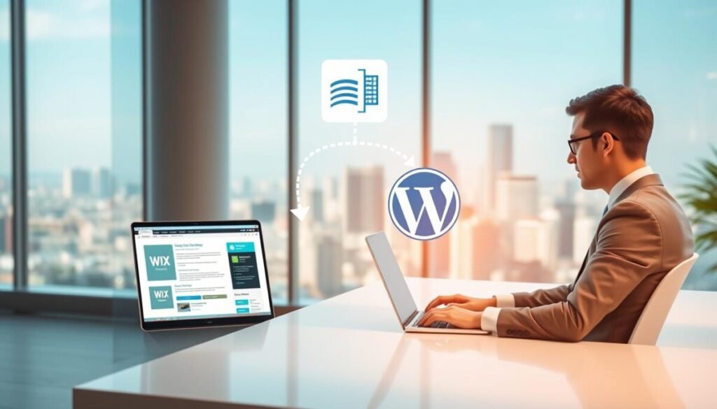 A visually engaging composition illustrating the process of migrating a website from Wix to WordPress using RSS feeds. In the foreground, a professional person (dressed in business attire) is seated at a sleek desk, focused intently on a laptop displaying both Wix and WordPress interfaces side by side, showcasing their RSS feed functionalities. In the middle ground, simple icons representing Wix and WordPress float above the desk, connected by a digital arrow symbolizing data transfer. The background features a modern office setting with soft ambient lighting, casting gentle shadows to create depth. A large window reveals a view of a bustling city skyline, hinting at growth and opportunity, evoking a mood of efficiency and innovation. The image should be bright and clean, suggesting a professional atmosphere. A visually engaging composition illustrating the process of migrating a website from Wix to WordPress using RSS feeds. In the foreground, a professional person (dressed in business attire) is seated at a sleek desk, focused intently on a laptop displaying both Wix and WordPress interfaces side by side, showcasing their RSS feed functionalities. In the middle ground, simple icons representing Wix and WordPress float above the desk, connected by a digital arrow symbolizing data transfer. The background features a modern office setting with soft ambient lighting, casting gentle shadows to create depth. A large window reveals a view of a bustling city skyline, hinting at growth and opportunity, evoking a mood of efficiency and innovation. The image should be bright and clean, suggesting a professional atmosphere.