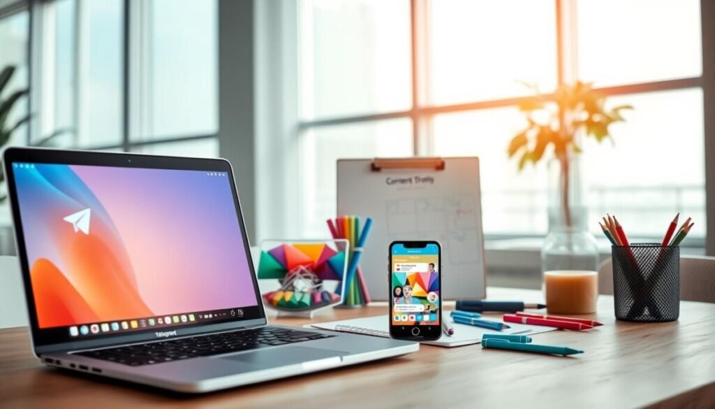 A visually engaging depiction of a Telegram channel concept. In the foreground, display a sleek laptop and a smartphone, both showcasing the vibrant Telegram interface with colorful channel graphics. In the middle, include a creative workspace with a notepad, colorful markers, and an organized plan for content strategy, signifying growth and creativity. The background features an inspiring, modern office environment with large windows allowing natural light to pour in, creating a bright and inviting atmosphere. The scene captures a sense of productivity and innovation. Use soft, even lighting to enhance the focus on the devices, while ensuring a clean and professional look. The mood is motivational and forward-looking, reflecting the excitement of developing a robust content strategy.