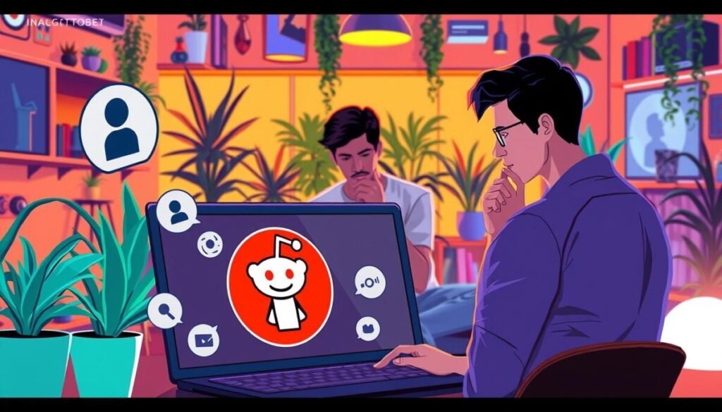 A visually engaging digital illustration depicting the concept of a "Reddit shadowban check." In the foreground, a computer screen displays the Reddit logo with a user profile, surrounded by stylized icons representing privacy and visibility, such as a shadowy figure and a magnifying glass. In the middle ground, a person in casual attire, focused on their laptop, appears contemplative, with their hand on their chin as they analyze the screen. The background features a vibrant, tech-themed room filled with plants and modern decor, illuminated by warm, soft lighting. The atmosphere conveys curiosity and determination, emphasizing the process of checking for a shadowban with an inviting and insightful vibe.