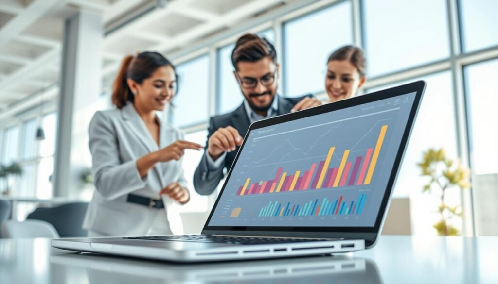A visually engaging digital illustration representing "threads metrics" for performance tracking. In the foreground, a sleek, modern laptop displays colorful graphs and stats on its screen, showcasing growth data and analytics. In the middle ground, a diverse team of three professionals—one woman in a smart blouse, one man in a tailored suit, and another individual in smart casual wear—are collaborating over the laptop, pointing at the screen with engaged expressions. The background features a bright, contemporary office setting with large windows allowing natural light to flood in, creating an inviting atmosphere. Use a wide-angle lens to capture the teamwork and metrics detail, focusing on soft lighting to enhance clarity and vibrancy. The overall mood is optimistic and dynamic, emphasizing teamwork and analysis for improved growth. A visually engaging digital illustration representing "threads metrics" for performance tracking. In the foreground, a sleek, modern laptop displays colorful graphs and stats on its screen, showcasing growth data and analytics. In the middle ground, a diverse team of three professionals—one woman in a smart blouse, one man in a tailored suit, and another individual in smart casual wear—are collaborating over the laptop, pointing at the screen with engaged expressions. The background features a bright, contemporary office setting with large windows allowing natural light to flood in, creating an inviting atmosphere. Use a wide-angle lens to capture the teamwork and metrics detail, focusing on soft lighting to enhance clarity and vibrancy. The overall mood is optimistic and dynamic, emphasizing teamwork and analysis for improved growth.